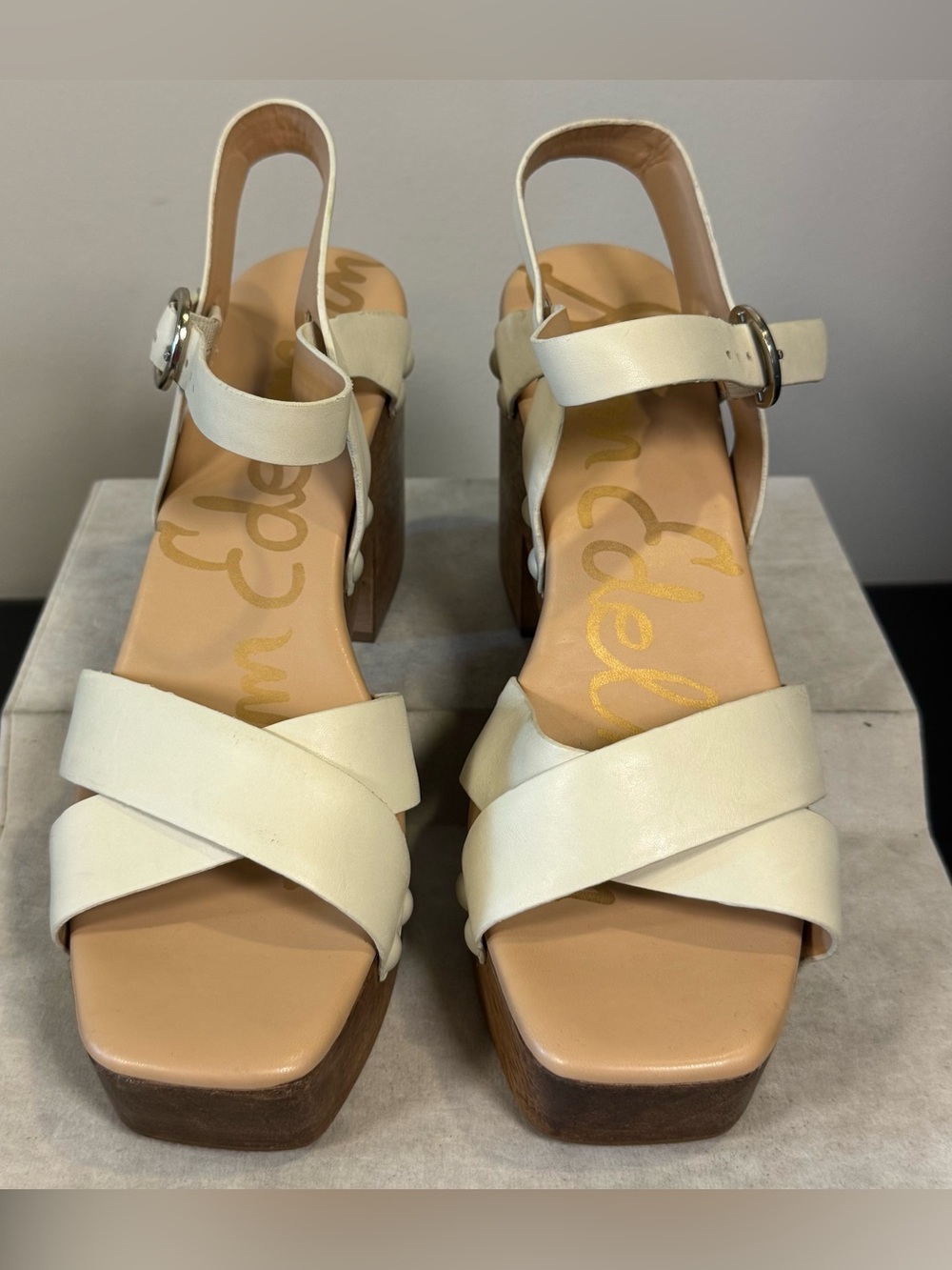 Sam Edelman Cream Leather Platform Sandals with Wood Block Heel, size 9, NWOT - Picture 4 of 7